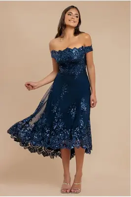 Goddiva Bardot Sequin & Lace High Low Midi - Navy