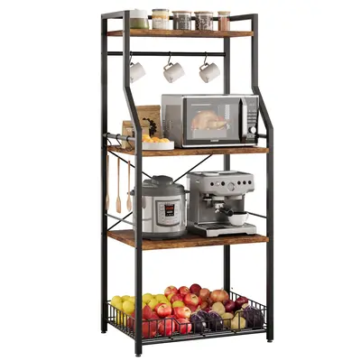 Garvee Kitchen Bakers Rack, Microwave Oven Stand with Large Wire Basket, Industrial Coffee Bar Station, 4-Tier Kitchen Utilit...