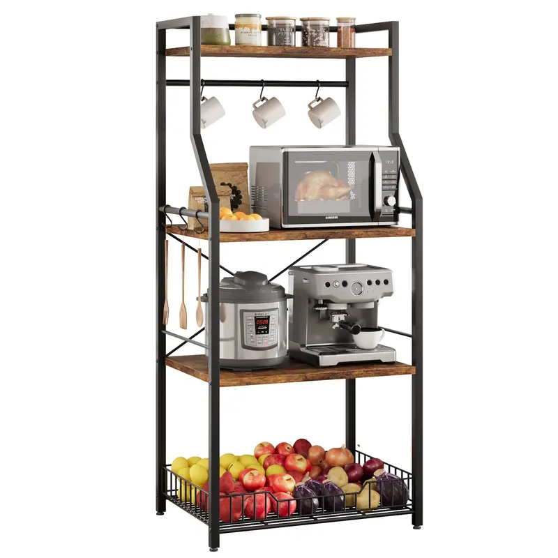 Garvee Kitchen Bakers Rack, Microwave Oven Stand with Large Wire Basket, Industrial Coffee Bar Station, 4-Tier Kitchen Utilit...