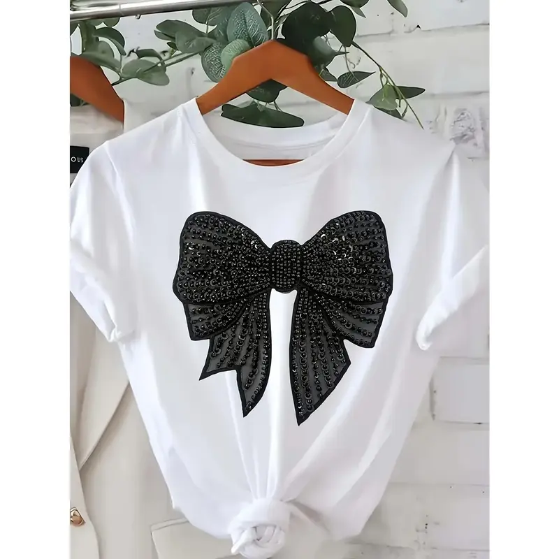 Ladies Elegant White Cotton T-Shirt with Black Bow Print - Casual Crew Neck, Short Sleeves, Loose Version, Machine Washable -...