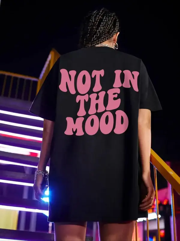 Women's Plain / Letter Print Short Sleeve Drop Shoulder Tee, Summer Clothes Women, Casual Round Neck T-shirt for Summer Dail...