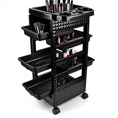 5-Tier Rolling Beauty Cart – Black Salon Storage with 360° Wheel and 5 Shelves, Salon Organizer of Brush&Styling Tools, Pr...