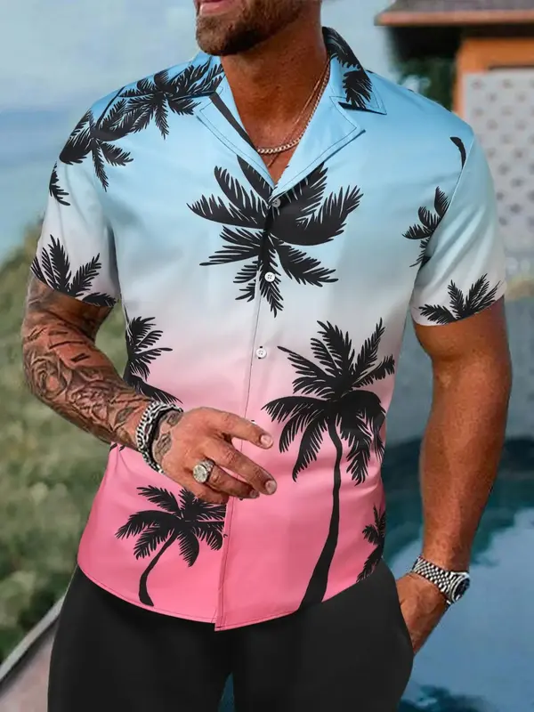 Men's Regular Fit Tropical Ombre Coconut Tree Print Button Front Shortsleeve Shirt, Summer Outfits, Casual Short Sleeve ...