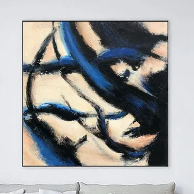 Abstract Minimalist Paintings On Canvas Original Textured Painting 40x40 Oil Painting In Beige, Black And Blue Colors Wall De...