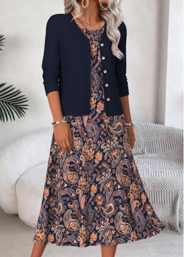 Modlily Navy Tummy Coverage Paisley Print Dress and Cardigan - XXL
