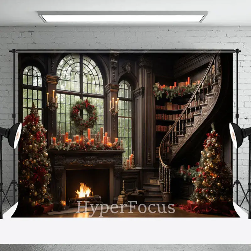 Luxury Brown Fireplace Stairs Christmas Backdrop - Aperturee