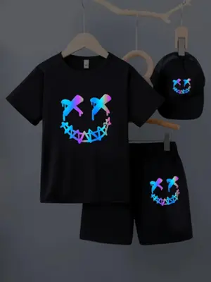 Three-piece Set Boy's Smile Face Print Short Sleeve Tee & Elastic Waist Shorts &   Baseball Cap, Casual Summer Clothes for Da...