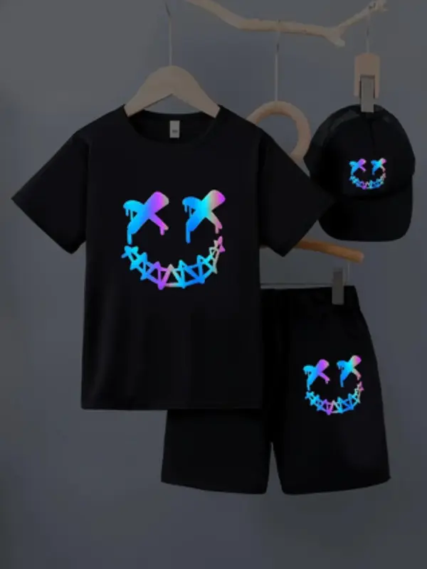 Three-piece Set Boy's Smile Face Print Short Sleeve Tee & Elastic Waist Shorts &   Baseball Cap, Casual Summer Clothes for Da...