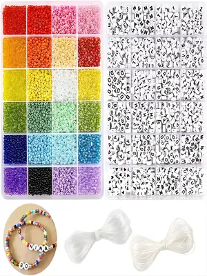 2 Box/11000pcs 3mm Glass Seed Bead & 1200pcs Letter Bead, DIY Jewelry Making Tool Kit For Necklace, Bracelet, Wristlet Keycha...
