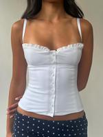 Women's Plain Contrast Lace Button Front Cami Top, Casual Adjustable Strap Sleeveless Top for Daily Wear, Women's Clothes for...