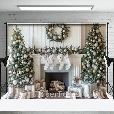 White Wall Fireplace Socks Tree Christmas Backdrop - Aperturee