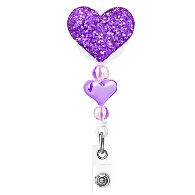 Glitter Badge Holder, 1 Count Heart Shaped Retractable Badge Holder with Clip, Sparkly Beaded Badge Reel for Women