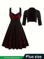 【Plus Size】 Two-piece Set Crop Blazer & Colorblock Contrast Lace Bow Decor Dress, Elegant Fashion Casual Blazer & Cami Pl...