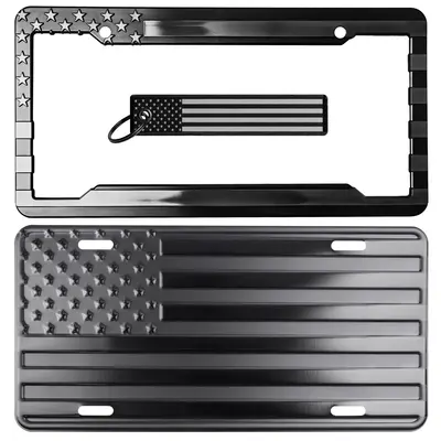 American Flag License Plate, Frame, and Key Tag Combo Black-on-Matte Black