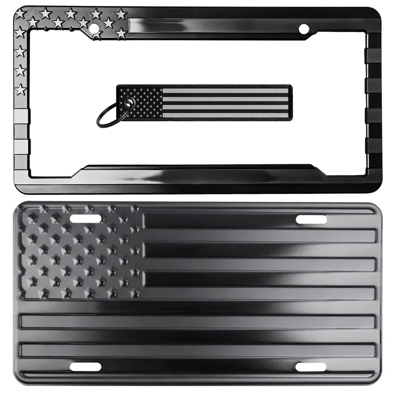 American Flag License Plate, Frame, and Key Tag Combo Black-on-Matte Black