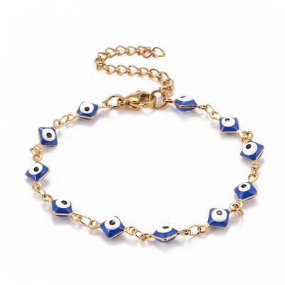 Enamel Rhombus with Evil Eye Link Chains Bracelet