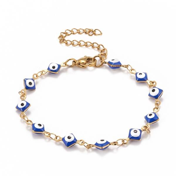 Enamel Rhombus with Evil Eye Link Chains Bracelet
