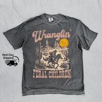 Comfort Colors Retro Wranglin' Feral Children Raccoon 90s Western Graphic Shirt, Vintage Western Design, Casual Cotton Fabric...