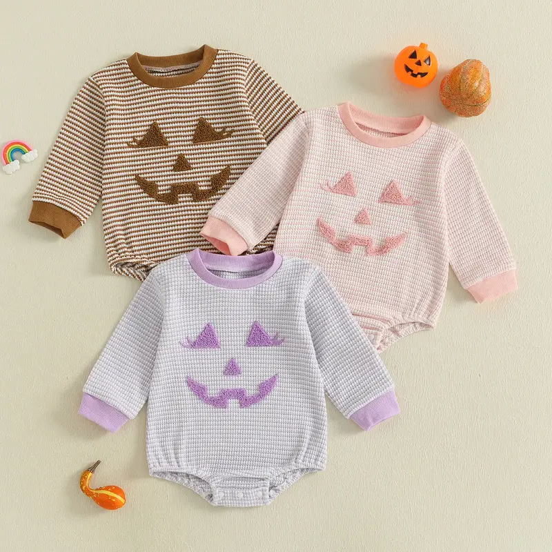 Infant Baby Boy Girls Halloween Romper Casual Pumpkin Embroidery Waffle Long Sleeve Jumpsuits Clothes 0-18 Months