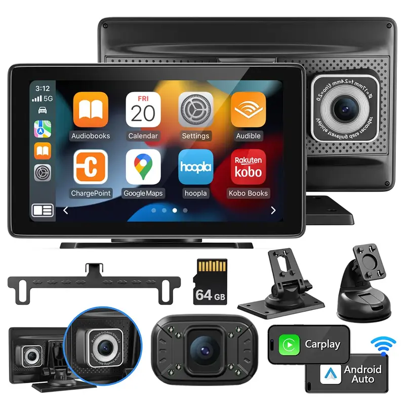 2025 Upgraded Wireless Carplay Stereo with two Suction Mounts, 2.5K Dash Cam & 1080P Backup Camera, 64G Card