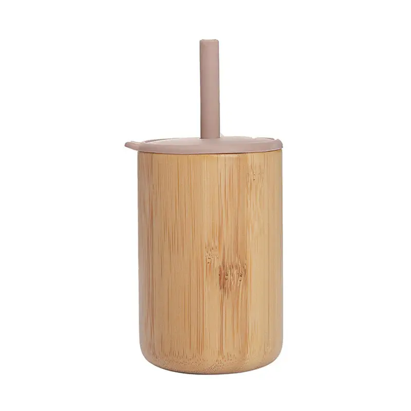 Bamboo Wood Cup With Lid Silicone Straw Children | Color: Brown