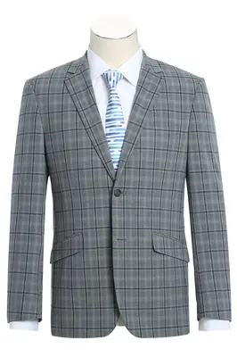Grey Windowpane Plaid Slim Fit Two-Button Men's Suit with Hack Pocket