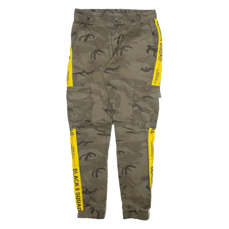 BLACK SQUAD Camo Cargo Mens Trousers Green Relaxed Tapered W30 L29