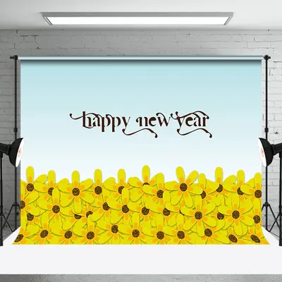 Aperturee Dense Yellow Floral Blue Happy New Year Backdrop - Aperturee