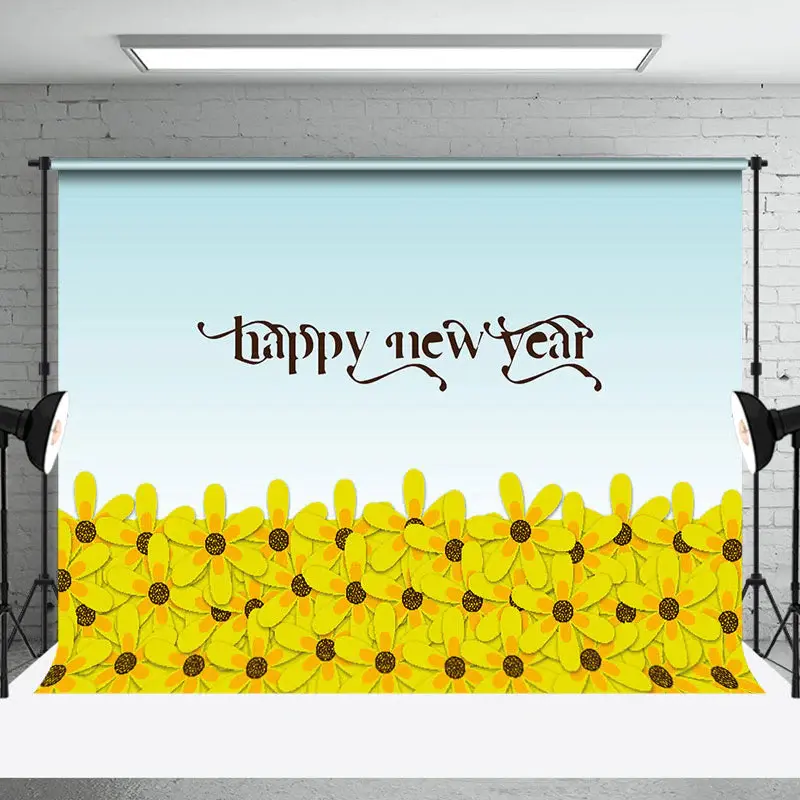 Aperturee Dense Yellow Floral Blue Happy New Year Backdrop - Aperturee