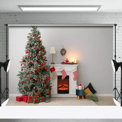 Aperturee Christmas Tree Gifts Fireplace Sock Festive Backdrop - Aperturee