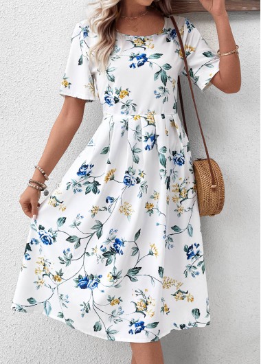Modlily White Floral Print Short Sleeve Round Neck Dress - XXL