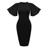 OYS Women's Basic Bodycon Ruffle Flared Short Sleeve Pencil Midi Dress