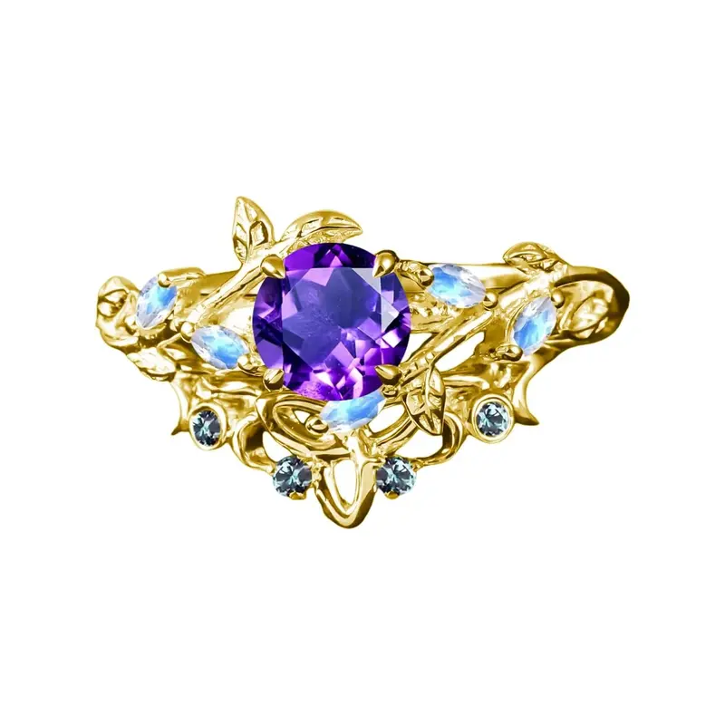 10K Gold Round Cut Bridal Set Vintage Vine Wedding Bridal Anniversary Proposal Ring Set