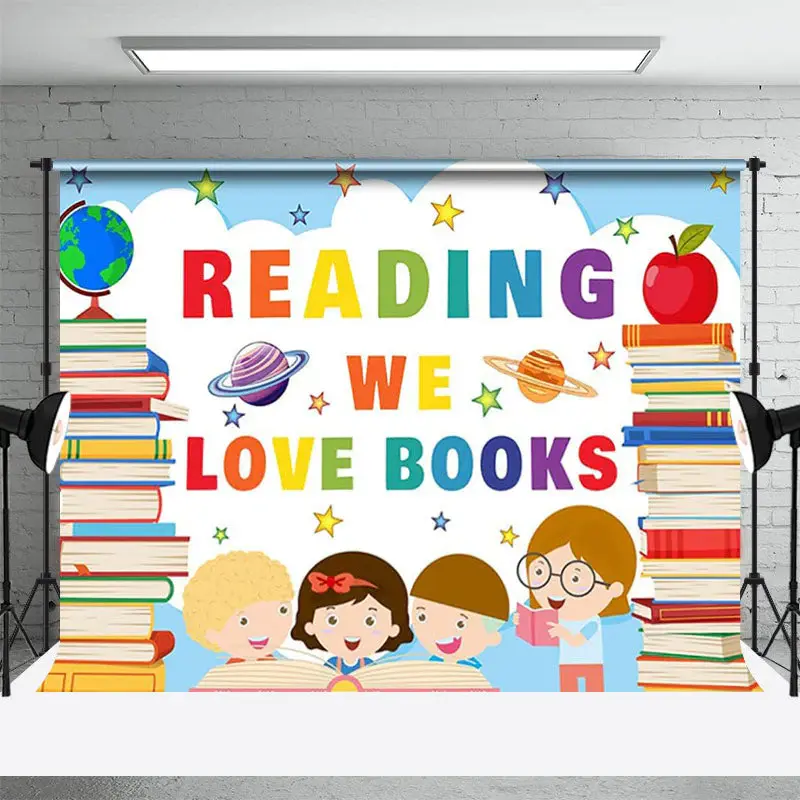 We Love Books Students Globe World Book Day Backdrop - Aperturee