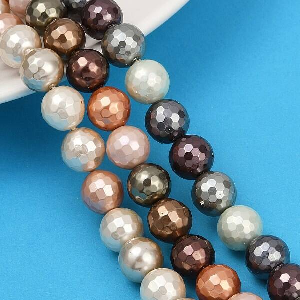 Faceted Round Shell Pearl Beads Strands