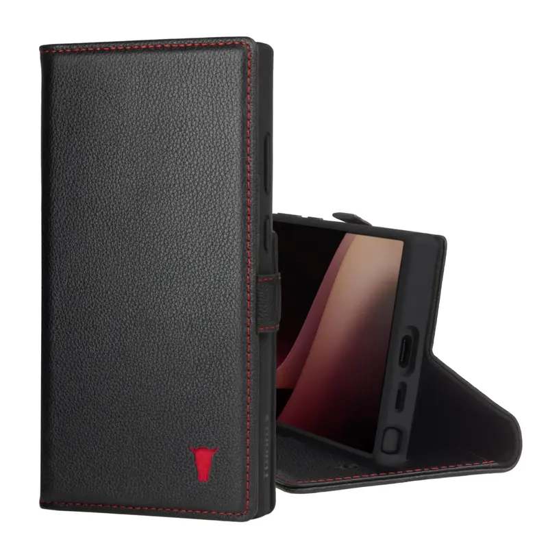 Samsung Galaxy S24 Ultra Leather Case (with Stand Function) - Black with Red Detail