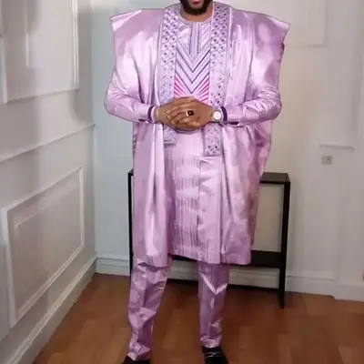 New African Clothes for Men Dashiki Tradition Outfit Robe Embroidery Pink Tops Pants Suits Bazin Muslim Wedding Party Clothin...
