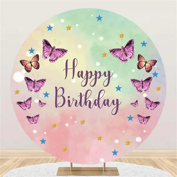 Aperturee Purple Butterfly Round Happy Birthday Backdrop