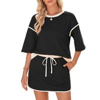 EVALESS Casual 2 Piece Sets Women Summer Suits Short Sleeve Tops Matching Drawstring Mini Short Skirt Black Lounge Set 2025 W...