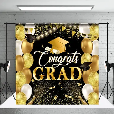 Grad Gold Black Balloons Glitter Graduation Backdrop - Aperturee