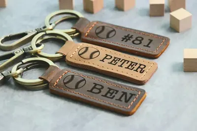 Baseball Personalized Keychain / Keyring / bag Tag / Name Tag - Leather Keychain