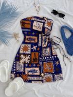 Women's All Over Print Tube Dress, Casual Drawstring Dress for Beach Holiday Vacation, Ladies Clothes for Summer, Casual Wear
