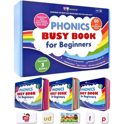 Learn to Read Phonics Busy Book for Beginning Readers, Montessori-Inspired Set of 3 Busy Books for Kids Ages 4-8, 60 Learning...
