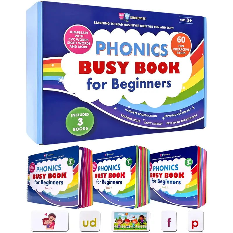 Learn to Read Phonics Busy Book for Beginning Readers, Montessori-Inspired Set of 3 Busy Books for Kids Ages 4-8, 60 Learning...