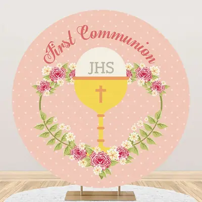 Pink Floral Grail First Communion Baptism Backdrop