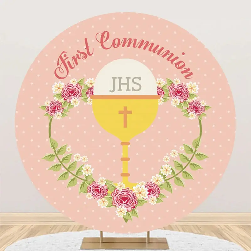 Pink Floral Grail First Communion Baptism Backdrop