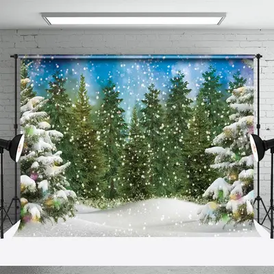 Colorful Light Snowy Green Forest Winter Backdrop - Aperturee