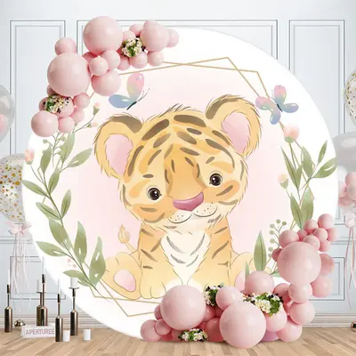 Aperturee Cute Little Tiger Round Pink Baby Shower Backdrop