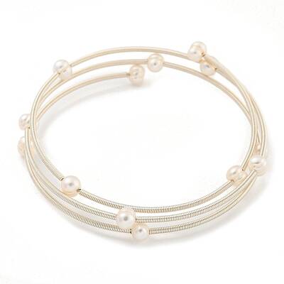 Three-Loops Brass & Natural Freshwater Pearl Beaded Wrap Bracelets for Women