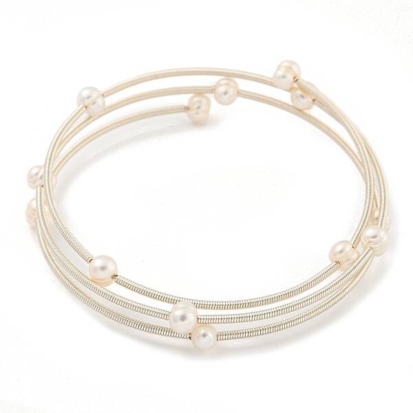 Three-Loops Brass & Natural Freshwater Pearl Beaded Wrap Bracelets for Women